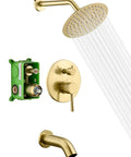 Brushed Gold Shower and Tub Faucet Set With Rain Shower Head and Tub Spout, High Flow Eight Inch Head, Quick Fill Waterfall Design