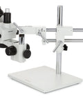 Professional Trinocular Stereo Zoom Microscope With Boom Stand, Long Working Distance, Dual Eyepiece And Trinocular Port For Simultaneous Viewing, Ideal For Circuit Boards, Dental Appliances, And Large Item Inspection. White metal boom stand