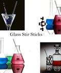 Glass stir sticks in use with colorful liquids in beakers. Must Have Pro Lab Glassware Kit With Thick Glass Beakers.