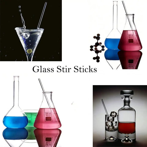 Glass stir sticks in use with colorful liquids in beakers. Must Have Pro Lab Glassware Kit With Thick Glass Beakers.