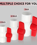 Three PVC ball valves in sizes 1/2 inch, 3/4 inch, and 1 inch with red handles, labeled multiple choice for you.