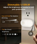 Ultra Bright Plug In Motion Sensor Night Light With Stepless Dimming showing adjustable brightness controls, wall socket view.