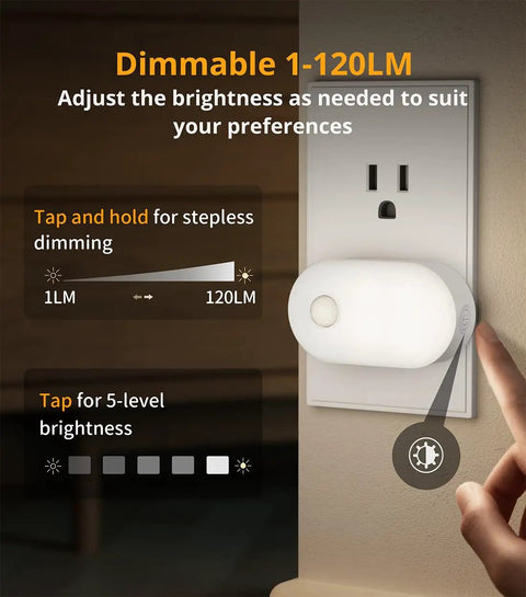 Ultra Bright Plug In Motion Sensor Night Light With Stepless Dimming showing adjustable brightness controls, wall socket view.