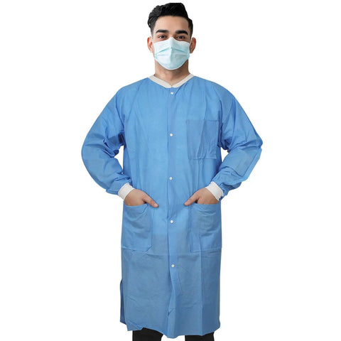 Dental Disposable Lab Coat Set Knee Length 3 Pockets Soft Knit Cuffs And Collar SMS 45G Material Blue 10 Pack Durable Medical Lab Coats For Hospitals Clinics And Dental Labs
