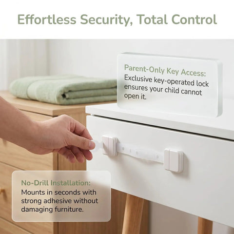 Adhesive Kid Proof Child Safe Cabinet Locks With Key For Cabinets Drawers And Doors Multi Purpose Latches in use on a drawer