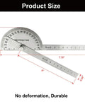 Heavy Duty Stainless Steel Angle Finder Protractor 180 Degree Dual Arm Ruler with laser etched markings, size dimensions shown.