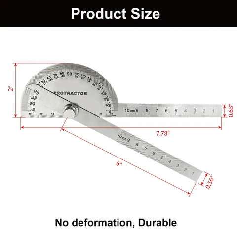 Heavy Duty Stainless Steel Angle Finder Protractor 180 Degree Dual Arm Ruler with laser etched markings, size dimensions shown.