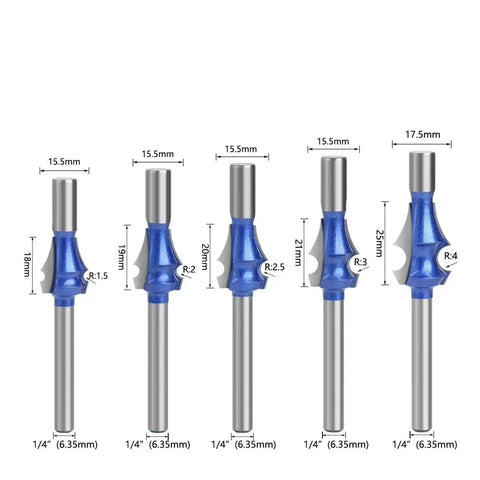 Premium Carbide Drawing Line Router Bit Featuring Solid 1/4 Inch Or 6mm Shank For Smooth Woodworking With Curved Profiles In R1.5 To R4 Sizes displayed in various sizes.