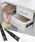 8 Pairs 6 Inch Black Soft Close Drawer Slides With Ball Bearing Full Extension Heavy Duty Quiet Hardware For Keyboard Trays Tables Drawers Shelves Nightstands And More installed on white drawer with child