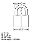 Diagram showing dimensions of Tough As Nails Rugged Vinyl Covered Aluminum Padlock With Key Keyed Alike 2 Pack For Toolboxes Gym Lockers And Storage Lockers Weather Resistant Hardened Steel Shackle For Outdoor Sheds Gates And Fences.