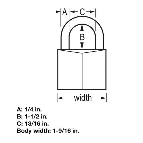 Diagram showing dimensions of Tough As Nails Rugged Vinyl Covered Aluminum Padlock With Key Keyed Alike 2 Pack For Toolboxes Gym Lockers And Storage Lockers Weather Resistant Hardened Steel Shackle For Outdoor Sheds Gates And Fences.