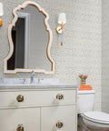 Custom Printed Symmetrical Vinyl Wallpaper Featuring Bottom Line Tough Leather Texture in a modern bathroom setting.