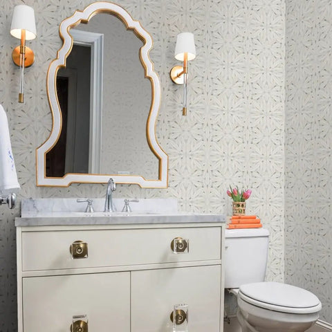 Custom Printed Symmetrical Vinyl Wallpaper Featuring Bottom Line Tough Leather Texture in a modern bathroom setting.
