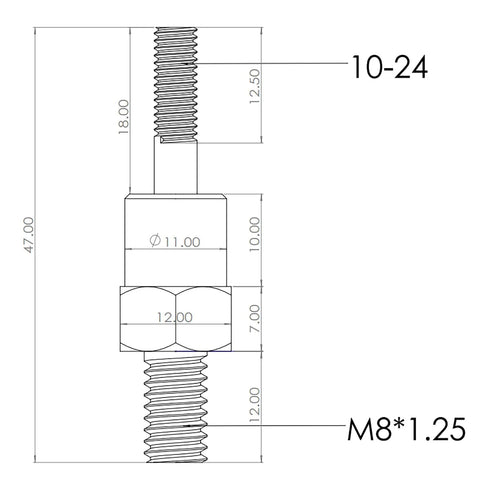 Technical drawing of Mandrel And Nose Piece Set For SAE 10 24 Rivet Nut Tools With Adjustable Stroke dimensions labeled