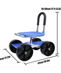 Rolling Garden Stool With 360 Degree Swivel, Foldable Garden Seat On Flat-Wheeled Cart, Adjustable Height Lazy Garden Stool With Storage Shelf, Back-Saving For Yard Work Weeding And Tool Tasks Blue, blue garden seat with large wheels and adjustable back support shown with dimensions.