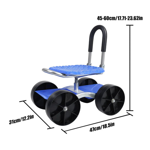 Rolling Garden Stool With 360 Degree Swivel, Foldable Garden Seat On Flat-Wheeled Cart, Adjustable Height Lazy Garden Stool With Storage Shelf, Back-Saving For Yard Work Weeding And Tool Tasks Blue, blue garden seat with large wheels and adjustable back support shown with dimensions.