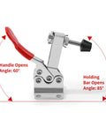 Hold-down toggle clamp with red handle and silver steel body mounted on a base plate