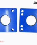 Front view of blue metal axle bearing puller plates, pair with central bore and mounting holes for Toyotas