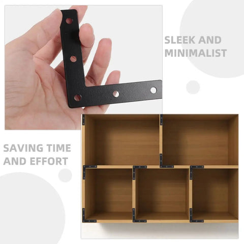 Hand holding a black L-bracket from 30 Piece Black Right Angle Corner Braces Made From Cold Rolled Steel, mounted on wooden shelves.