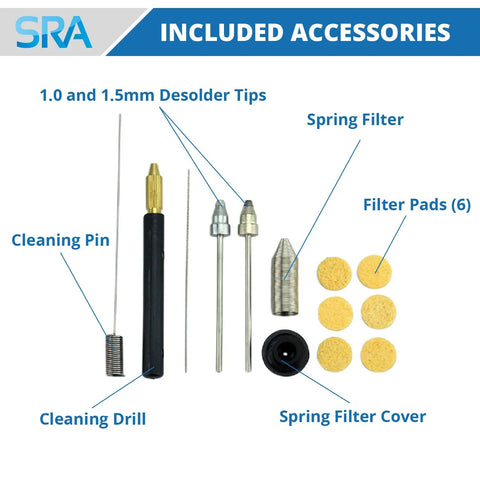 Accessories for Pro Grade Digital Desoldering Station With 80W Heater And Built In Vacuum Pump, including desolder tips and filters