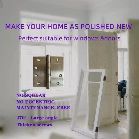 Stainless Steel 4 Inch Door Hinges Set displayed against a white interior setting with an open door, showcasing brushed finish and square corner design.
