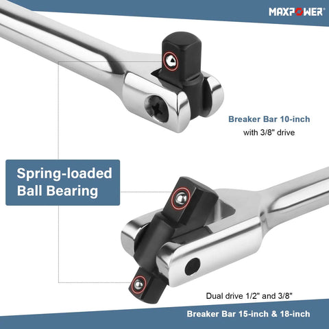 Beefy Three Piece Breaker Bar Set With Fifteen And Eighteen Inch Dual Drive One Half Inch And Three Eighth Inch Bars Plus A Ten Inch Short Bar showing spring-loaded ball bearing and different drive sizes.
