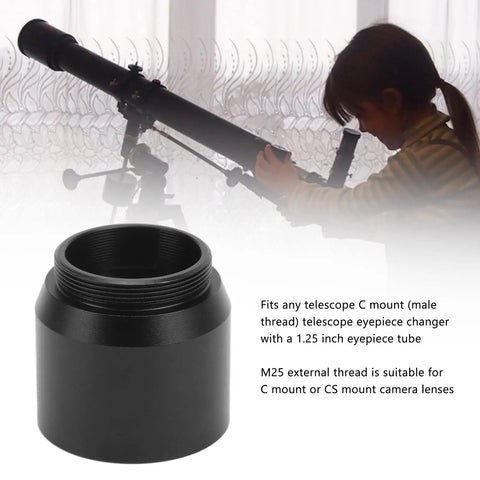 1.25 Inch Eyepiece To C CS Mount Telescope Adapter With M25x0.75 External Thread next to a child using a telescope in soft focus.
