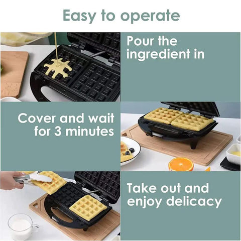 3 In 1 Breakfast Maker With Interchangeable Plates Electric Sandwich Waffle And Steak Press Stainless Steel Non Stick Coating 110V For Home Kitchen Quick And Easy Meal Prep For Busy Mornings, showing waffle preparation steps.