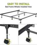 Heavy Duty Bed Frame Casters Set Of 6 With Brakes Locking Metal Swivel Wheels shown installed on bed frame with close-up views