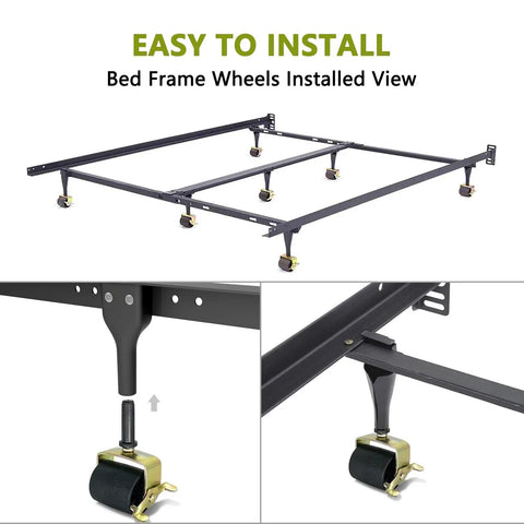Heavy Duty Bed Frame Casters Set Of 6 With Brakes Locking Metal Swivel Wheels shown installed on bed frame with close-up views