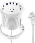 3 Inch Recessed Desk Power Grommet With USB C 65W Fast Charging and Ultra Flat Plug Strip, white, eight ports, flush mount design.