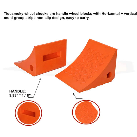 Heavy Duty Rubber Wheel Chocks for Trailers, No Slip Curved Design, 30,000 Lb Capacity, Built Tough Durable Trailer Chocks for Boat Trailers, RV, Truck, Camper, and More, Orange, showing handle and non-slip surface