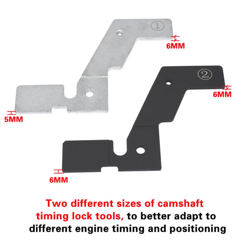 Two camshaft tools from Engine Camshaft Timing Locking Tool Kit Pro Grade Fit For Ford Edge Escape Mustang 2.0T 2.3T Jaguar Land Rover Evoque Volvo Mondeo Replacement 303-1595 303-1600 303-1594 showing 5mm and 6mm sizes.