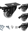 Heavy Duty 2 Inch Caster Wheels Set Of 4 Built Tough With Zero Noise Pu Tread And Dual Locking Brakes Rock Solid Steel Body Smooth Rolling Ball Bearing Platform Casters For Furniture Grey close-up view of black caster with grey polyurethane wheel and hardware