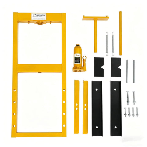 Heavy Duty 6 Ton Hydraulic Shop Press With Sturdy H Frame Design parts layout, including carbon steel frame and hydraulic jack for metalworking tasks.