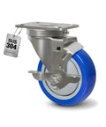 Heavy Duty 4 Inch By 1.25 Inch Stainless Steel Caster Wheels With Non Marking Polyurethane, Blue, 300 Lb Per Caster, Side View