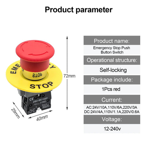 Red Mushroom Head Emergency Stop Push Button Switch 1 Pack Heavy Duty Metal Body With High Conductivity Built To Last Stop Button for Machinery Safety and Control Corrosion Resistant, 72mm