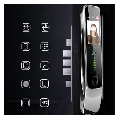 Close-up of Top Shelf Smart Electronic Door Lock With 3D Face Recognition And Palm Vein Access, showcasing biometric controls and display.
