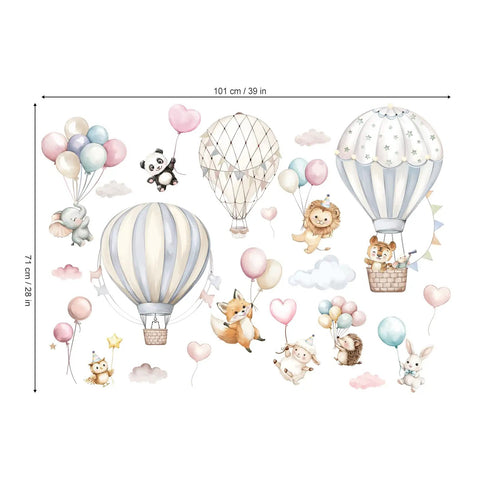 Cartoon Hot Air Balloons Wall Stickers For Kids Room And Living Room Self Adhesive Non Toxic Decor Featuring Cute Animals Lamb Panda Rabbit Lion Fox Hedgehog Clouds Hearts And Colorful Balloons