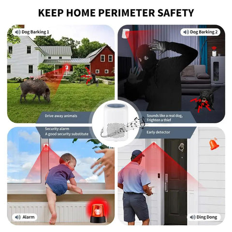 Outdoor Dog Bark Alarm With Motion Detector 1000 Foot Range Realistic Dog Bark Sounds Adjustable Volume Loud Alarm Welcome Ding Dong And Melodies Home Security Sensor For Yard Porch, wall-mounted security sensor