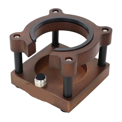 Level Up Your Daily Grind With This Solid Wood Espresso Tamping Station And Deep Portafilter Holder Mat featuring a heavy wood base and black supports.
