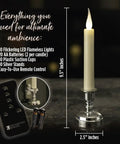 Flameless Ivory Window Candles Kit With 10 Candles And Removable Gold Weighted Plastic Holders, Suction Cups, 20 AA Batteries, And Remote Control Daily Timer For Easy On Off No Fuss Auto Glow with candle and remote displayed.