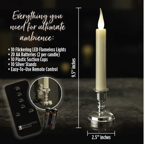 Flameless Ivory Window Candles Kit With 10 Candles And Removable Gold Weighted Plastic Holders, Suction Cups, 20 AA Batteries, And Remote Control Daily Timer For Easy On Off No Fuss Auto Glow with candle and remote displayed.