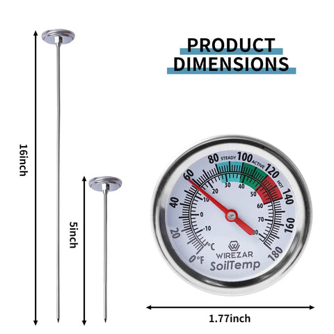 Waterproof Compost And Soil Thermometer With 5 Inch Stainless Steel Stem, 1.77 inch dial, product dimensions shown
