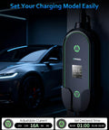 Top Shelf Level 2 And Level 1 Electric Vehicle Charger For Tesla Mobile Charging, 16A current setting on the display.