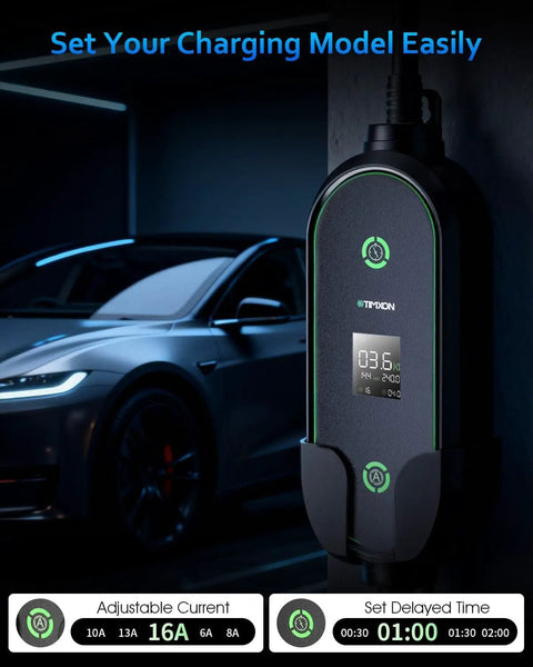 Top Shelf Level 2 And Level 1 Electric Vehicle Charger For Tesla Mobile Charging, 16A current setting on the display.