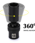 Three Eighths Inch Drive Deep Universal Impact Socket Set 6 Point Metric Chrome Molybdenum Steel With Black Phosphate Coating Beefy Swivel Design For Tight Spots 10mm Through 19mm showing 360-degree swivel motion and 16mm size