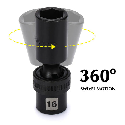 Three Eighths Inch Drive Deep Universal Impact Socket Set 6 Point Metric Chrome Molybdenum Steel With Black Phosphate Coating Beefy Swivel Design For Tight Spots 10mm Through 19mm showing 360-degree swivel motion and 16mm size