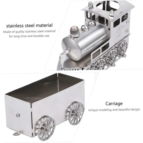 Retro Steam Locomotive Desk Decor for Home Office in stainless steel with detailed carriage, luxury model train ornament for collectors.
