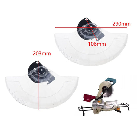 Covered Miter Cut Defense Tool With Anti Splash Guard for cutting machines and miter saws, transparent with dimensions